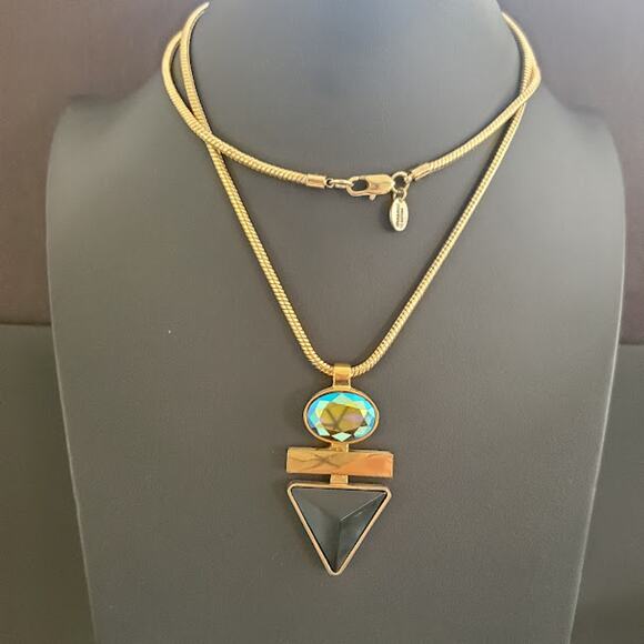 Juicy Couture Long Necklace with‎ Green Iridescent and Black Stones Gold Tone - Picture 1 of 7